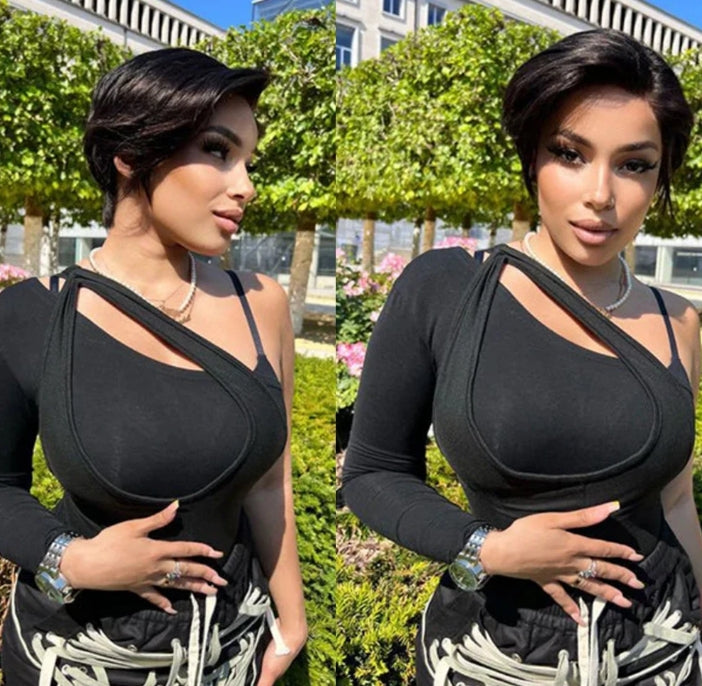 ShowReal Pixie Cut Wigs Human Hair 13x4 Short Pixie Cut Lace Front Wig for Women Black Pixie Cut Transparent Frontal Wig Layered Straight Hair 180% Density