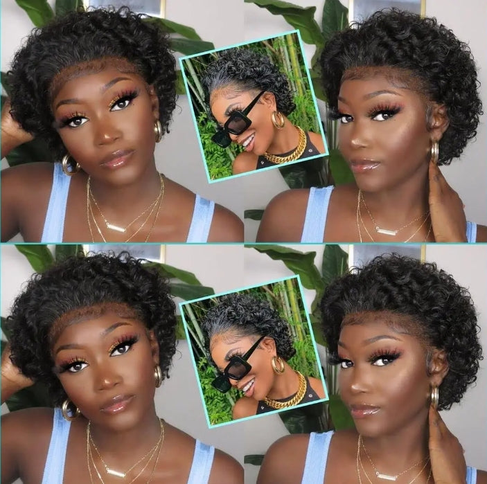 ShowReal Short Pixie Cut Wigs 13x1 Pixie Curly Human Hair Wigs Curly Bob Wigs Brazilian Human Hair 180% Density 13X1 Lace Wigs For Women