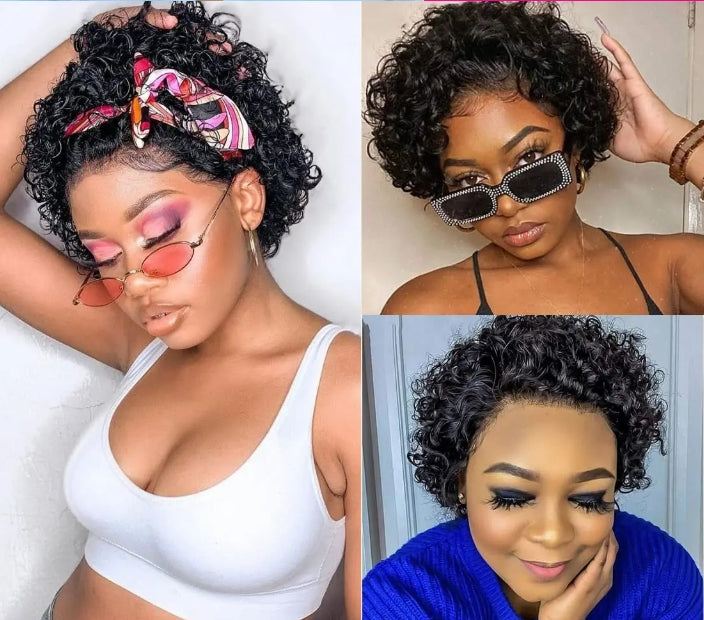 ShowReal Short Pixie Cut Wigs 13x1 Pixie Curly Human Hair Wigs Curly Bob Wigs Brazilian Human Hair 180% Density 13X1 Lace Wigs For Women