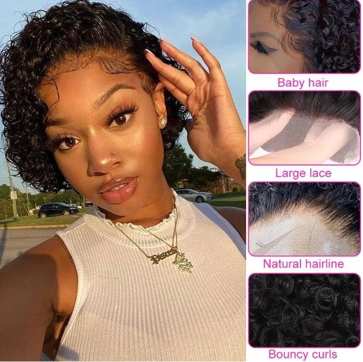 ShowReal Short Pixie Cut Wigs 13x1 Pixie Curly Human Hair Wigs Curly Bob Wigs Brazilian Human Hair 180% Density 13X1 Lace Wigs For Women