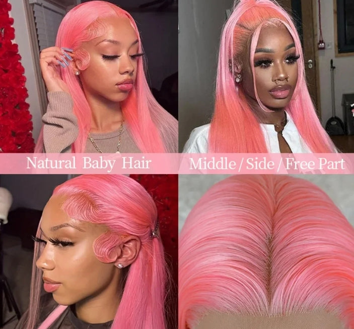 Customized Wig Pink Straight 13X4 Transparent Lace Frontal Wigs Brazilian 180% Lace Front Wig Colored Human Hair Wigs For Women Pre Plucked