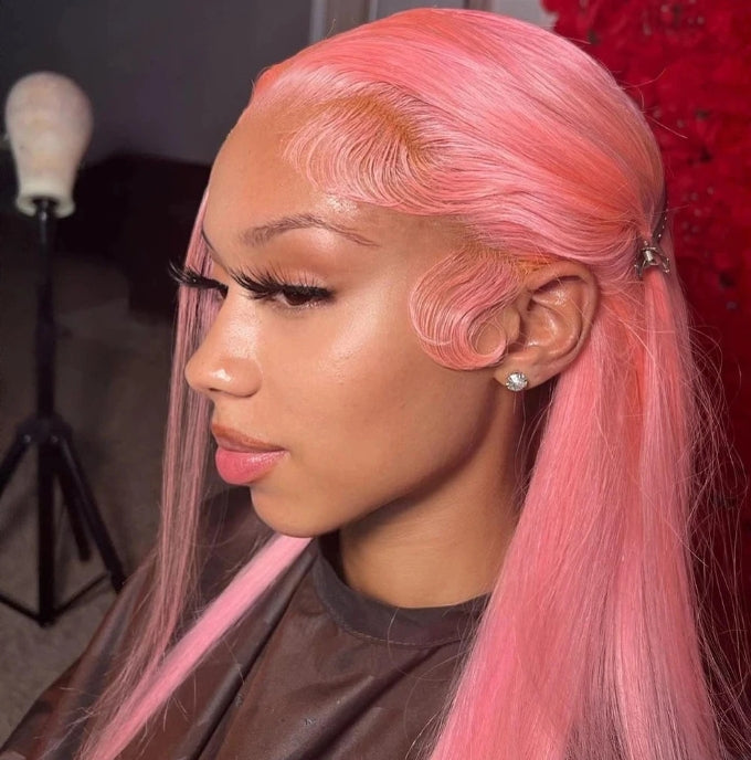 Customized Wig Pink Straight 13X4 Transparent Lace Frontal Wigs Brazilian 180% Lace Front Wig Colored Human Hair Wigs For Women Pre Plucked