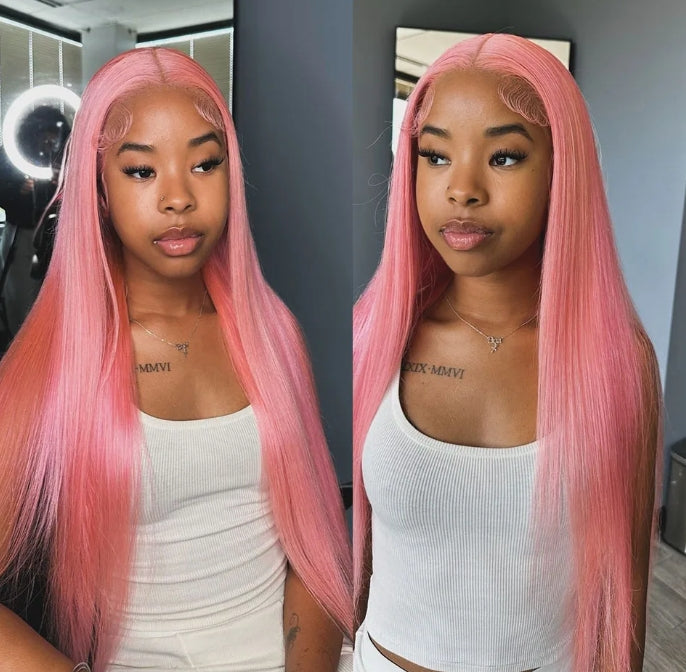 Customized Wig Pink Straight 13X4 Transparent Lace Frontal Wigs Brazilian 180% Lace Front Wig Colored Human Hair Wigs For Women Pre Plucked