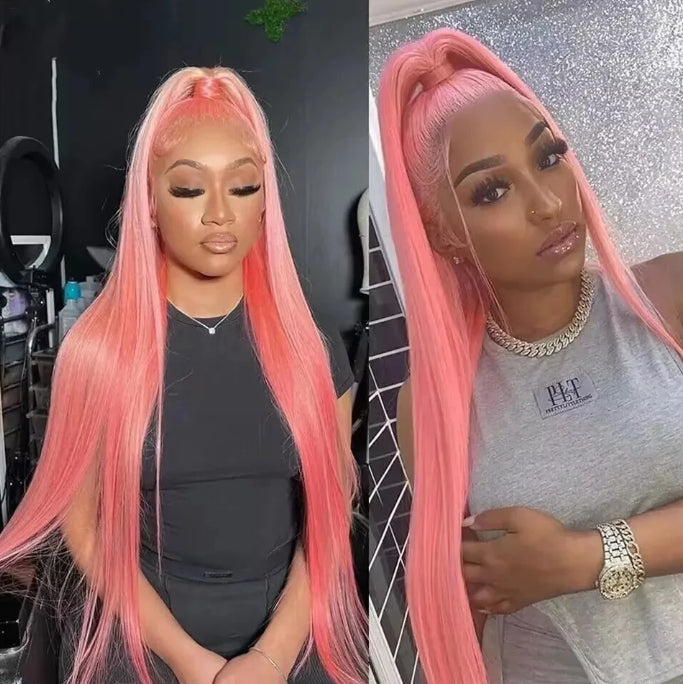 Customized Wig Pink Straight 13X4 Transparent Lace Frontal Wigs Brazilian 180% Lace Front Wig Colored Human Hair Wigs For Women Pre Plucked