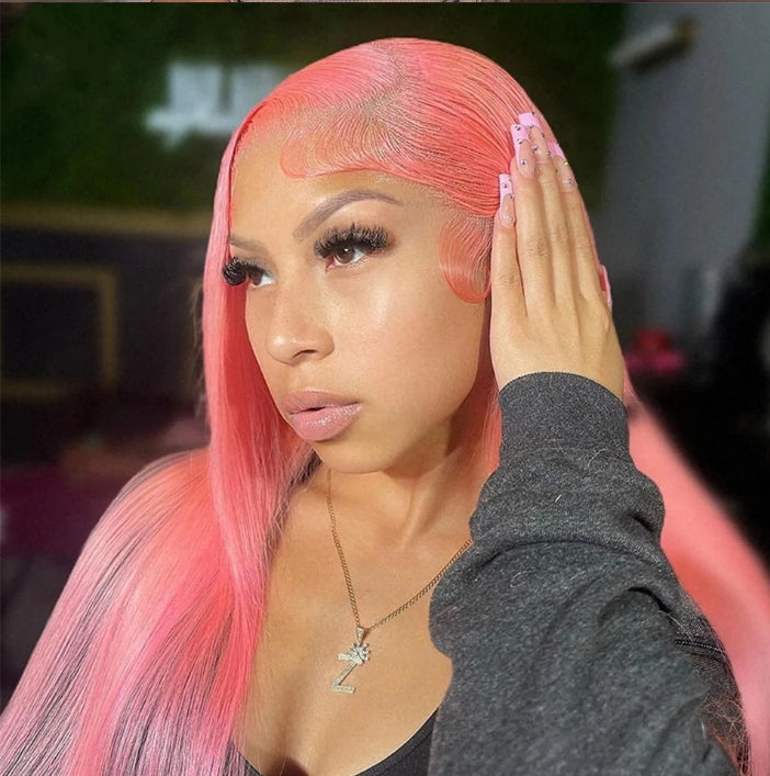 Customized Wig Pink Straight 13X4 Transparent Lace Frontal Wigs Brazilian 180% Lace Front Wig Colored Human Hair Wigs For Women Pre Plucked