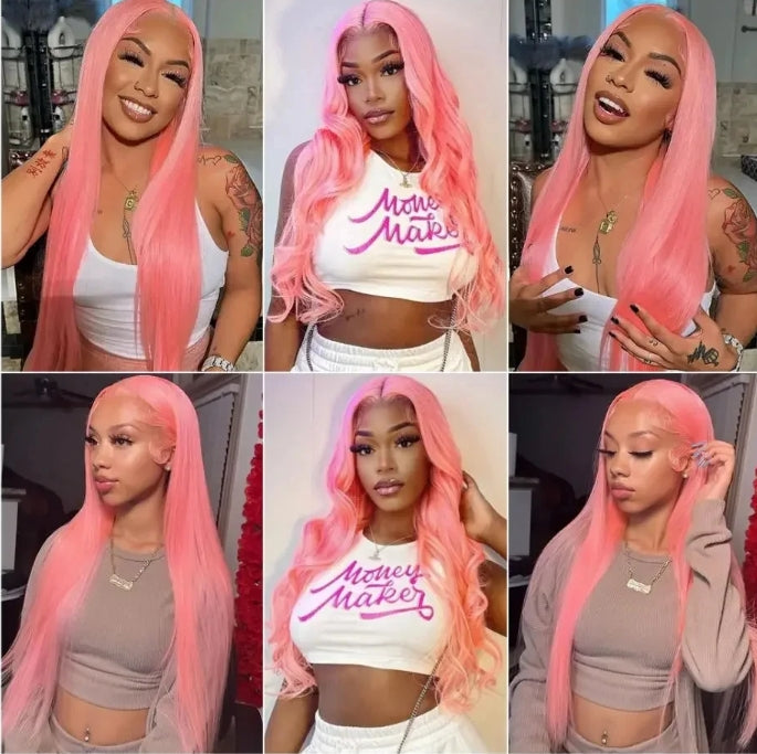 Customized Wig Pink Straight 13X4 Transparent Lace Frontal Wigs Brazilian 180% Lace Front Wig Colored Human Hair Wigs For Women Pre Plucked