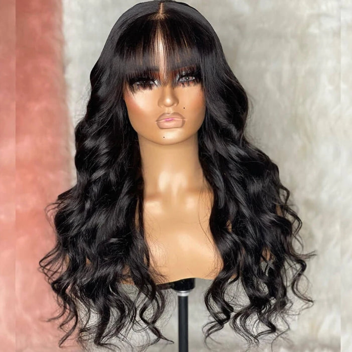 ShowReal Body Wave Human Hair Wigs with Bangs 3X1 Middle Part Lace Wig Pre Plucked Body Wave Glueless Wig Machine Made Wigs For Women