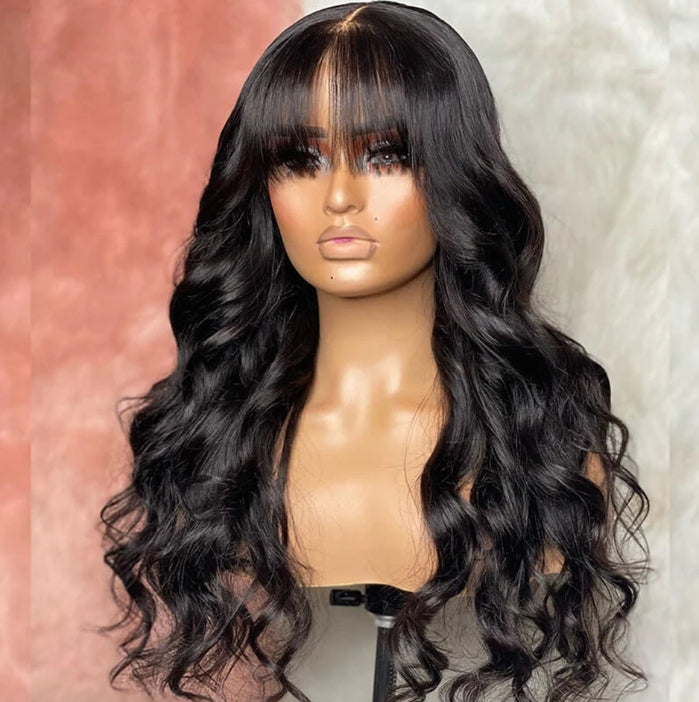 ShowReal Body Wave Human Hair Wigs with Bangs 3X1 Middle Part Lace Wig Pre Plucked Body Wave Glueless Wig Machine Made Wigs For Women