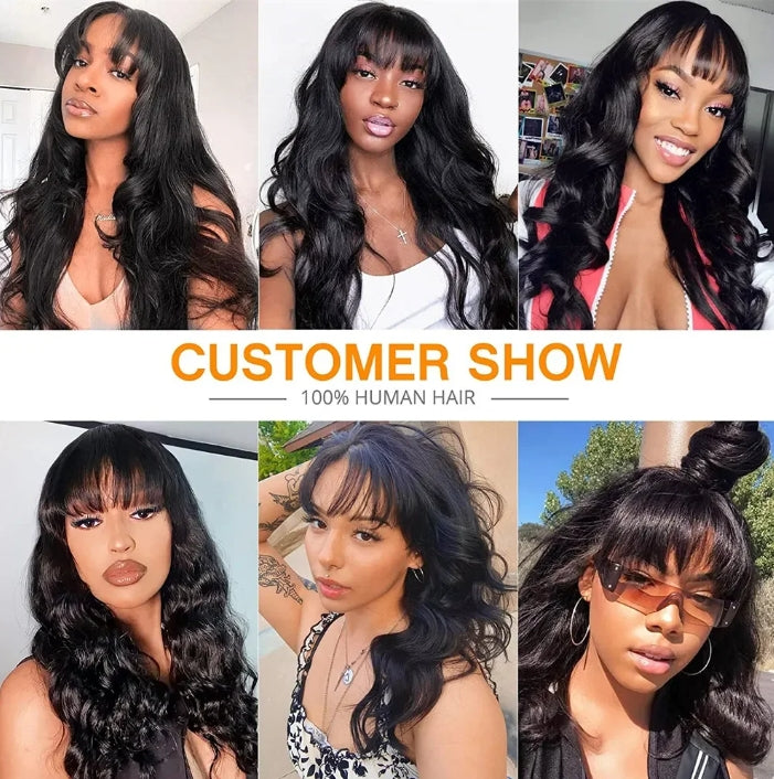 ShowReal Body Wave Human Hair Wigs with Bangs 3X1 Middle Part Lace Wig Pre Plucked Body Wave Glueless Wig Machine Made Wigs For Women