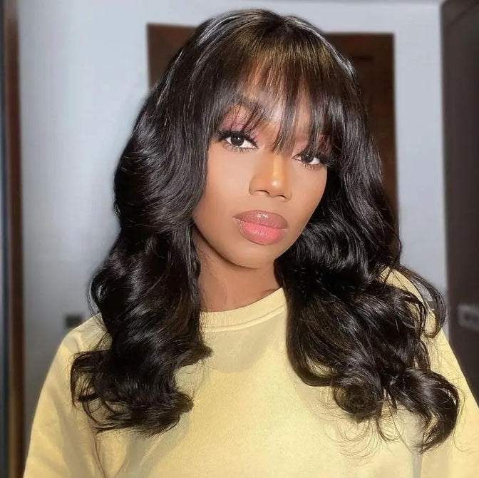 ShowReal Body Wave Human Hair Wigs with Bangs 3X1 Middle Part Lace Wig Pre Plucked Body Wave Glueless Wig Machine Made Wigs For Women