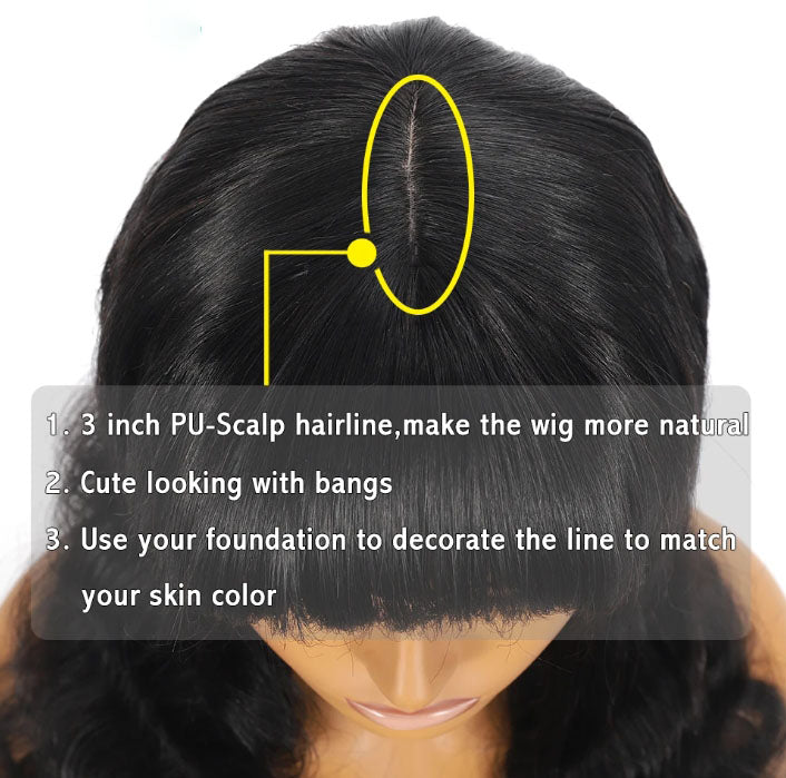ShowReal Body Wave Human Hair Wigs with Bangs 3X1 Middle Part Lace Wig Pre Plucked Body Wave Glueless Wig Machine Made Wigs For Women