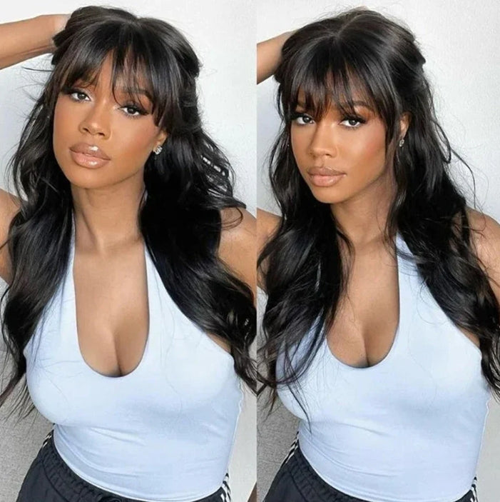 ShowReal Body Wave Human Hair Wigs with Bangs 3X1 Middle Part Lace Wig Pre Plucked Body Wave Glueless Wig Machine Made Wigs For Women
