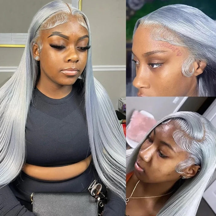 ShowReal Silver Gray Straight Human Hair Wigs 13x4 HD Transparent Straight Lace Frontal Wig Human Hair Lace Front Wigs For Wowen 180% Density