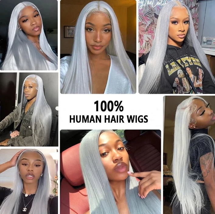 ShowReal Silver Gray Straight Human Hair Wigs 13x4 HD Transparent Straight Lace Frontal Wig Human Hair Lace Front Wigs For Wowen 180% Density