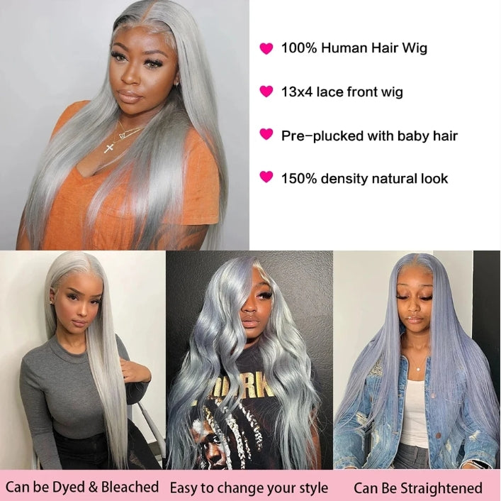 ShowReal Silver Gray Straight Human Hair Wigs 13x4 HD Transparent Straight Lace Frontal Wig Human Hair Lace Front Wigs For Wowen 180% Density