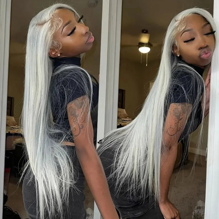 ShowReal Silver Gray Straight Human Hair Wigs 13x4 HD Transparent Straight Lace Frontal Wig Human Hair Lace Front Wigs For Wowen 180% Density