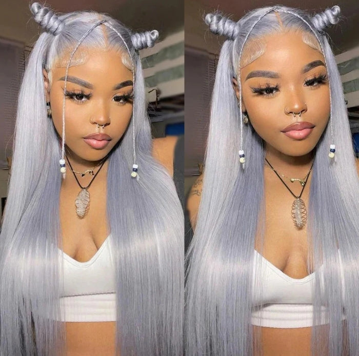 ShowReal Silver Gray Straight Human Hair Wigs 13x4 HD Transparent Straight Lace Frontal Wig Human Hair Lace Front Wigs For Wowen 180% Density