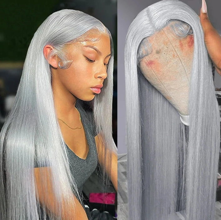 ShowReal Silver Gray Straight Human Hair Wigs 13x4 HD Transparent Straight Lace Frontal Wig Human Hair Lace Front Wigs For Wowen 180% Density