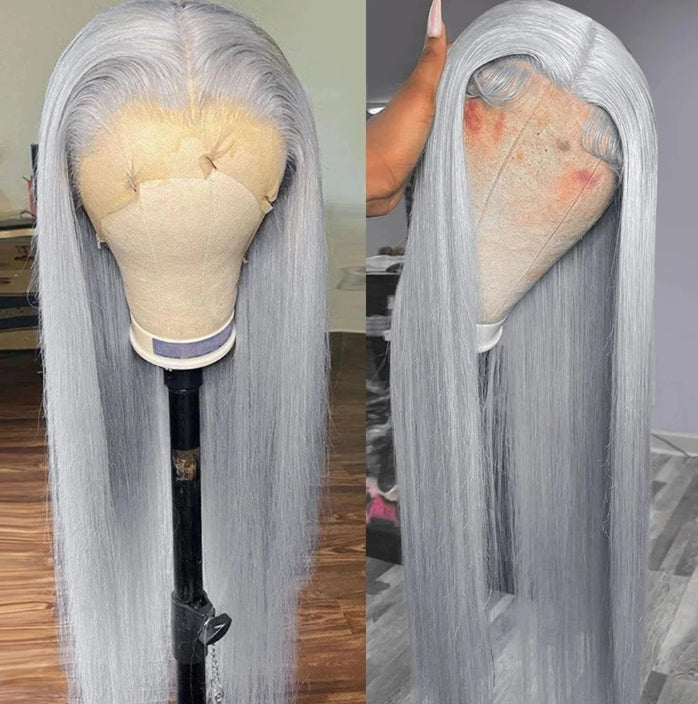 ShowReal Silver Gray Straight Human Hair Wigs 13x4 HD Transparent Straight Lace Frontal Wig Human Hair Lace Front Wigs For Wowen 180% Density