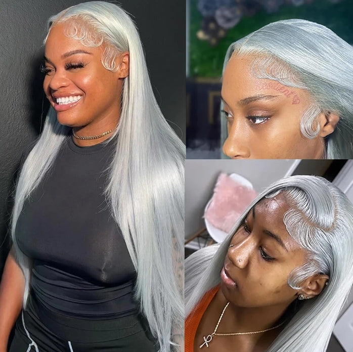 ShowReal Silver Gray Straight Human Hair Wigs 13x4 HD Transparent Straight Lace Frontal Wig Human Hair Lace Front Wigs For Wowen 180% Density