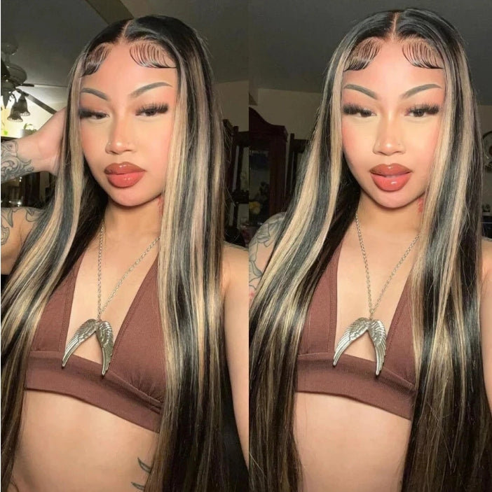 Customized Wig 1B/27 Highlight Straight Hair Body Wave 13x4 HD Lace Frontal Wigs Human Hair Brazilian High Density Ombre Blonde Colored Lace Front Wigs 180% Density Hair for Black Women