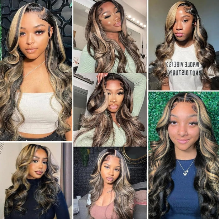 Customized Wig 1B/27 Highlight Straight Hair Body Wave 13x4 HD Lace Frontal Wigs Human Hair Brazilian High Density Ombre Blonde Colored Lace Front Wigs 180% Density Hair for Black Women