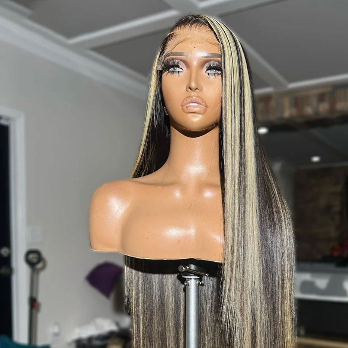 Customized Wig 1B/27 Highlight Straight Hair Body Wave 13x4 HD Lace Frontal Wigs Human Hair Brazilian High Density Ombre Blonde Colored Lace Front Wigs 180% Density Hair for Black Women