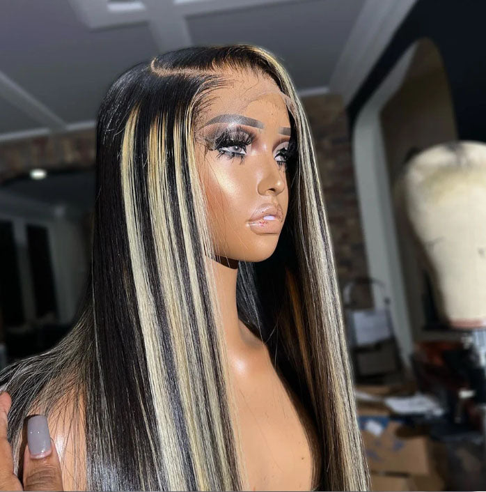 Customized Wig 1B/27 Highlight Straight Hair Body Wave 13x4 HD Lace Frontal Wigs Human Hair Brazilian High Density Ombre Blonde Colored Lace Front Wigs 180% Density Hair for Black Women