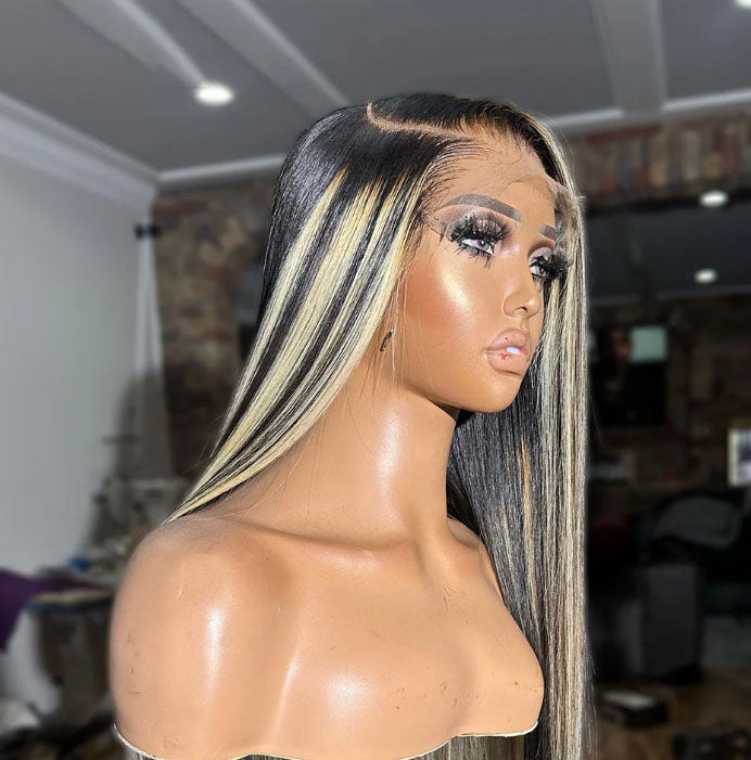 Customized Wig 1B/27 Highlight Straight Hair Body Wave 13x4 HD Lace Frontal Wigs Human Hair Brazilian High Density Ombre Blonde Colored Lace Front Wigs 180% Density Hair for Black Women