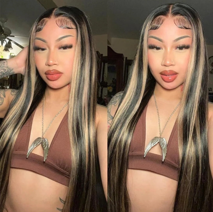 Customized Wig 1B/27 Highlight Straight Hair Body Wave 13x4 HD Lace Frontal Wigs Human Hair Brazilian High Density Ombre Blonde Colored Lace Front Wigs 180% Density Hair for Black Women