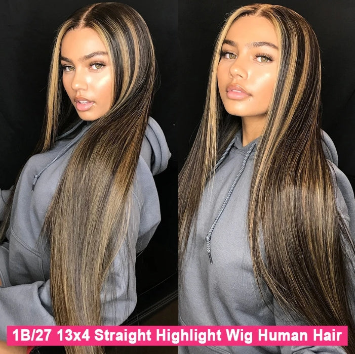 Customized Wig 1B/27 Highlight Straight Hair Body Wave 13x4 HD Lace Frontal Wigs Human Hair Brazilian High Density Ombre Blonde Colored Lace Front Wigs 180% Density Hair for Black Women