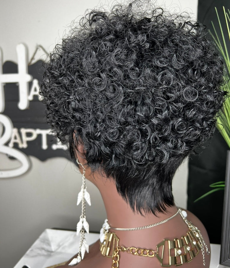ShowRealHair Glueless Pixie Wig Curly Pixie Cut Wig Human Hair Short Wigs Short Curly Wigs for Women Full and Fluffy Machine Made Wig Human Hair Pixie Cut Glueless Hair Replacement Wig Black Color