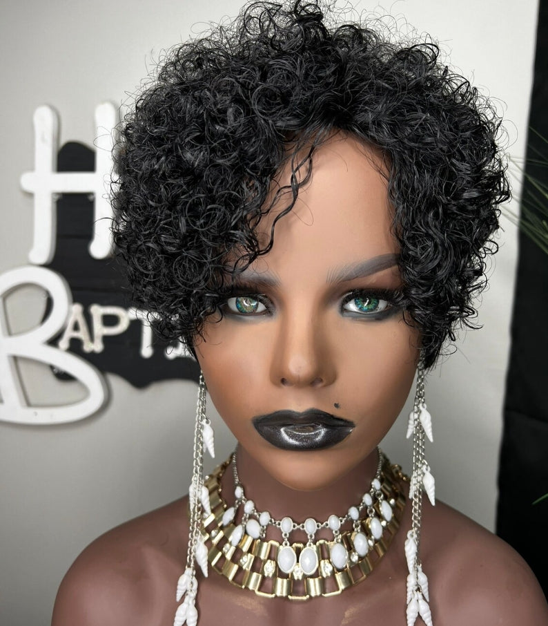 ShowRealHair Glueless Pixie Wig Curly Pixie Cut Wig Human Hair Short Wigs Short Curly Wigs for Women Full and Fluffy Machine Made Wig Human Hair Pixie Cut Glueless Hair Replacement Wig Black Color