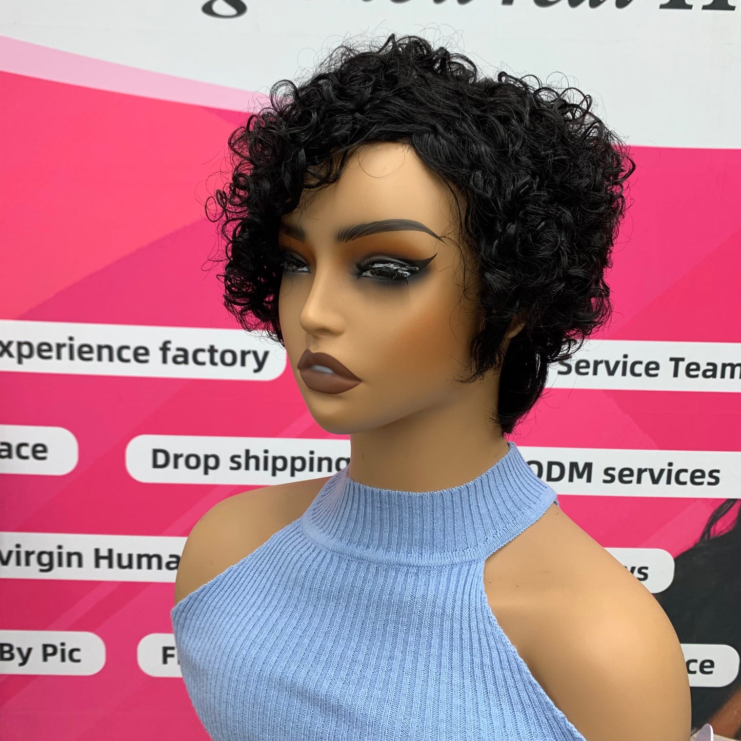 ShowRealHair Glueless Pixie Wig Curly Pixie Cut Wig Human Hair Short Wigs Short Curly Wigs for Women Full and Fluffy Machine Made Wig Human Hair Pixie Cut Glueless Hair Replacement Wig Black Color