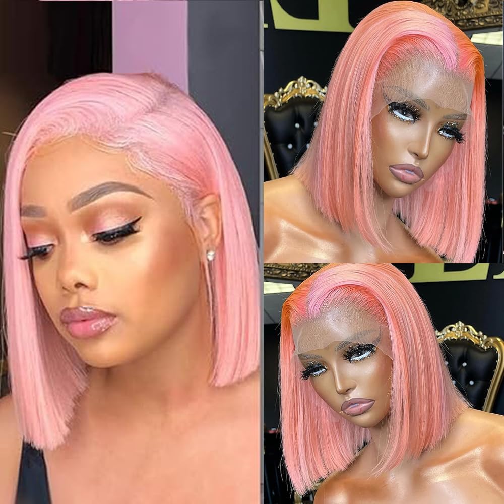 Customized Wig Pink Bob Wig Human Hair 13x4 Transparent Lace Bob Frontal Human Hair Wigs For Black Women 180% Density Pre Plucked Baby Hair Pink Short Bob Wig