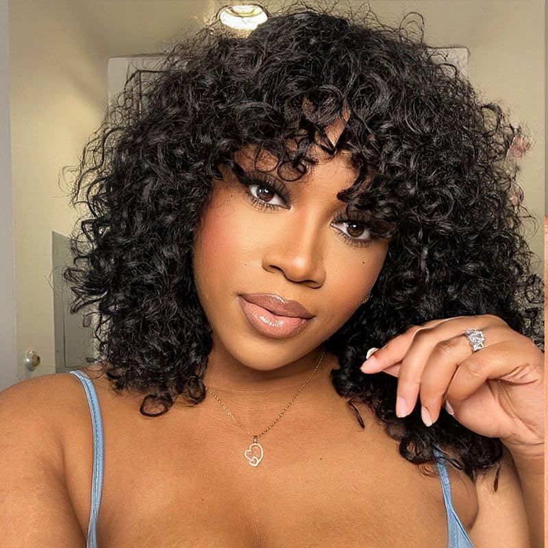 ShowReal Curly Human Hair Wigs With Bangs Curly Bob Wigs 200% Density Virgin Human Hair Full Machine Made Wig For Black Women Brazilian Curly Bob Wigs Natural Color 12 Inch 14 Inch