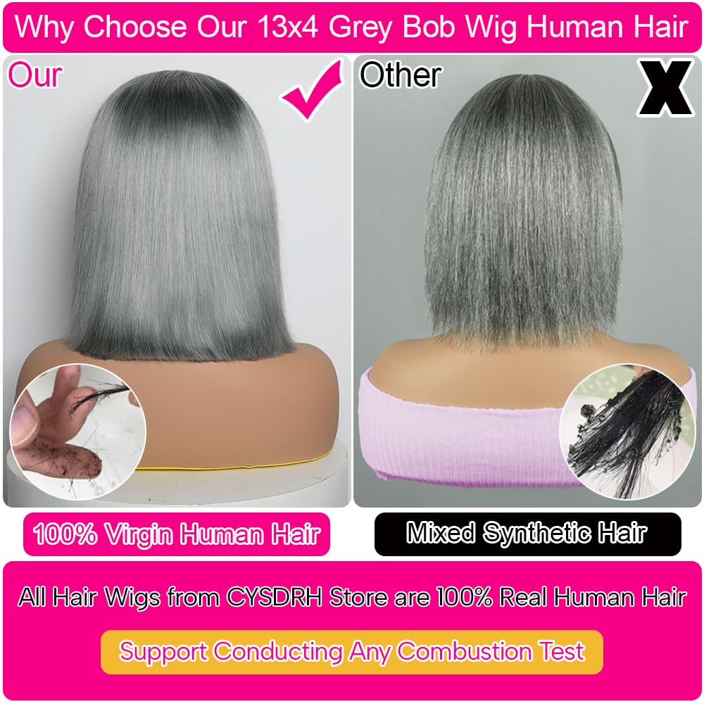Customized Wig Grey Bob Wig Human Hair Glueless 13x4 Transparent Lace Bob Frontal Human Hair Wigs For Black Women 180% Density Pre Plucked Baby Hair Grey Short Bob Wig
