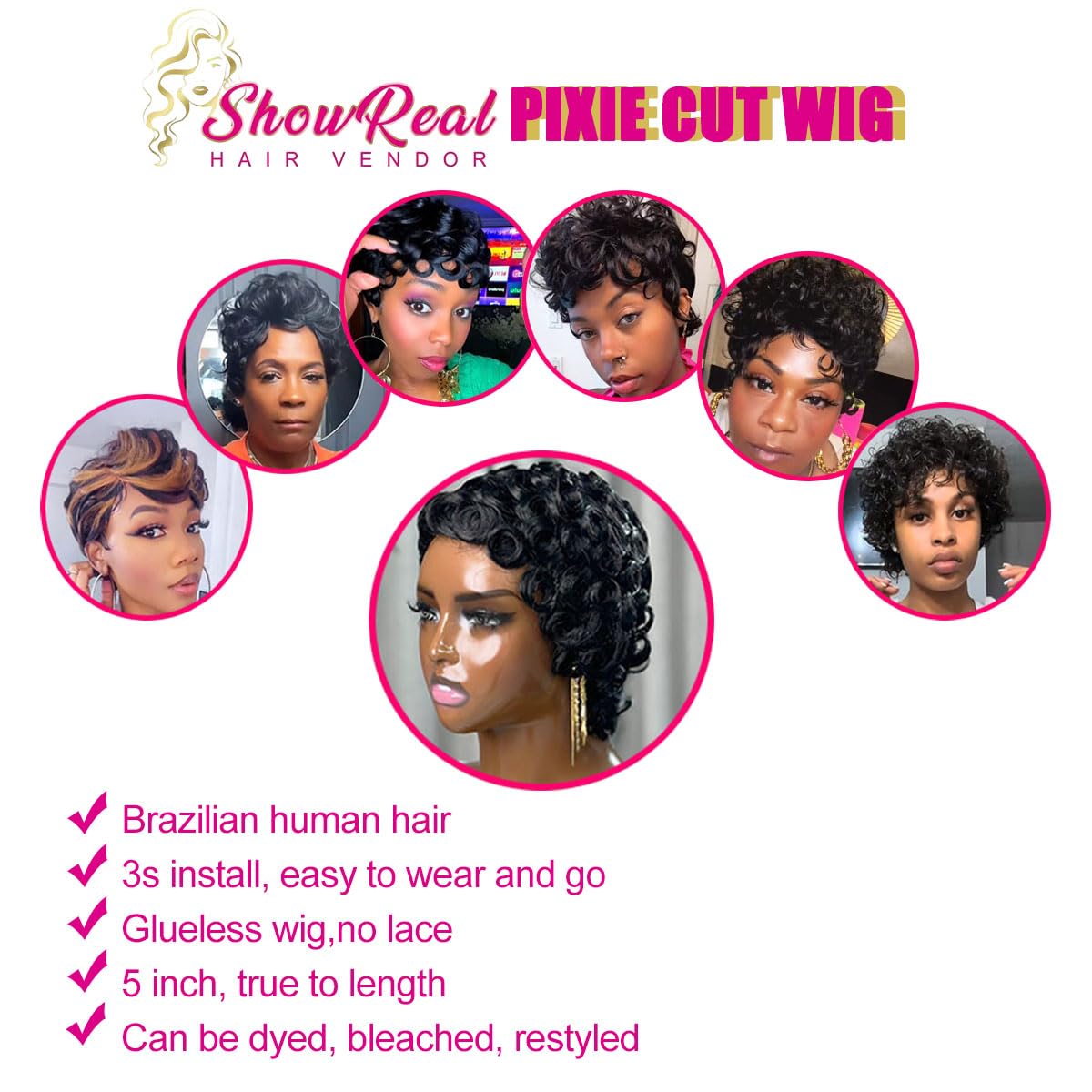 Showreal Pixie Cut Wigs Human Hair for Black Women Short Pixie Cut Wig - Machine Made, Finger Wave Glueless, Blond 150% Pixie Curly Wigs With Bangs for Daily Use(025-#613)
