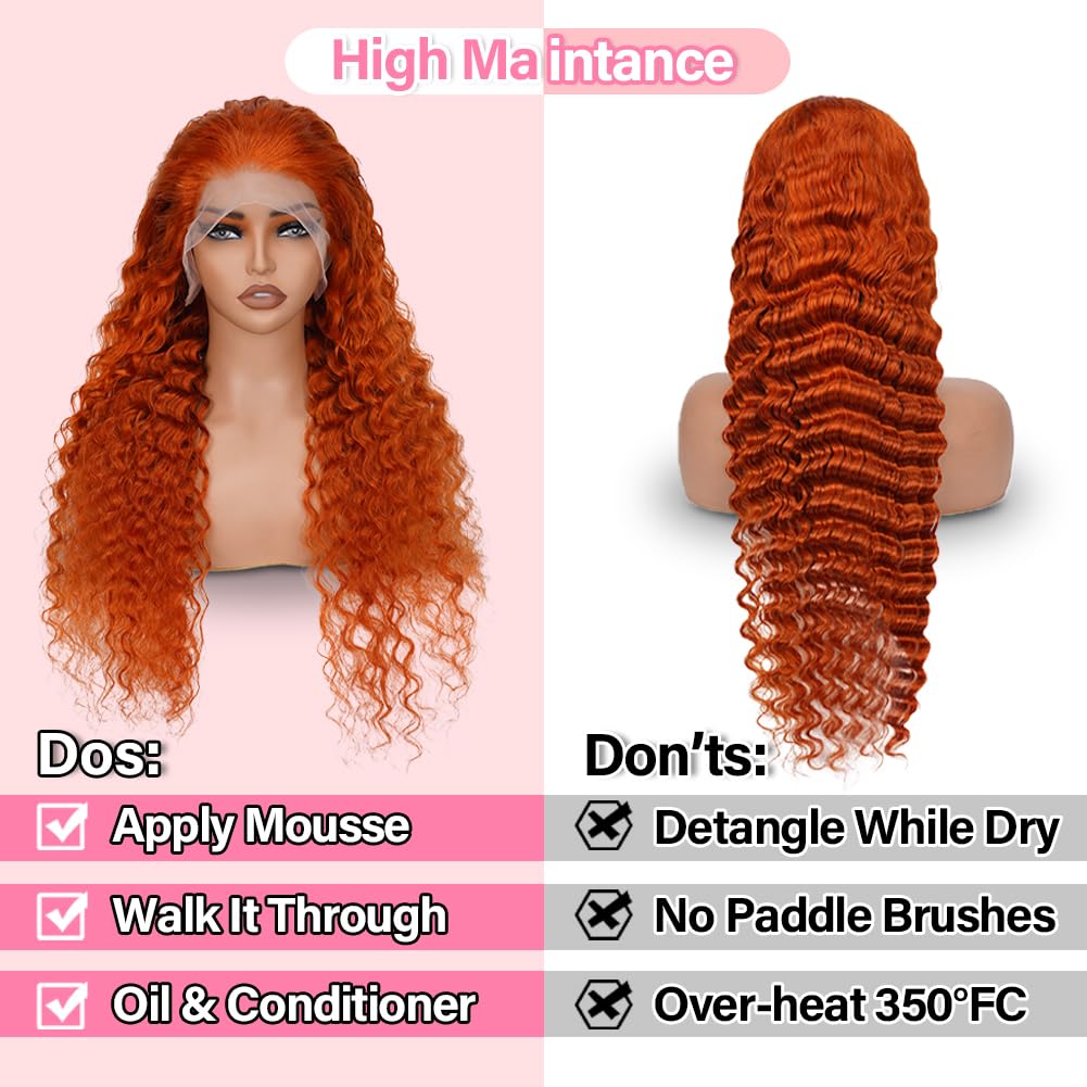 ShowReal Ginger Copper Deep Wave Lace Front Wig 13x4 HD Transparent Lace Frontal Wig Human Hair for Black Women Deep Curly Wigs with Baby Hair Pre Plucked