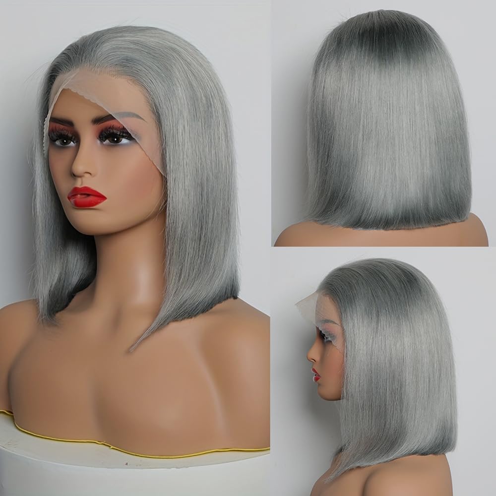 Customized Wig Grey Bob Wig Human Hair Glueless 13x4 Transparent Lace Bob Frontal Human Hair Wigs For Black Women 180% Density Pre Plucked Baby Hair Grey Short Bob Wig