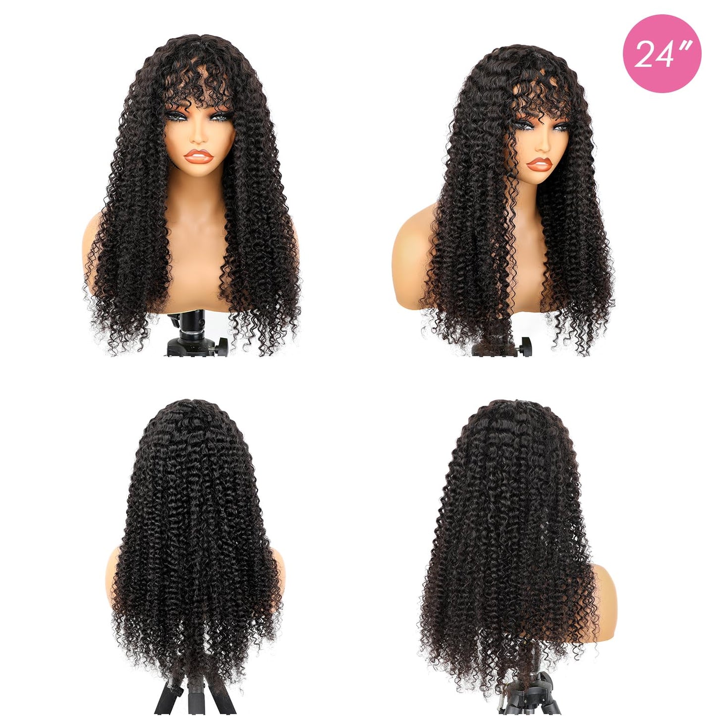 ShowReal Afro Kinky Curly Human Hair Wig with Bangs Full Machine Made Wig Glueless Virgin Brazilian Afro Curly Wigs for Black Women 200% Density Natural Color 12 inch 24 inch