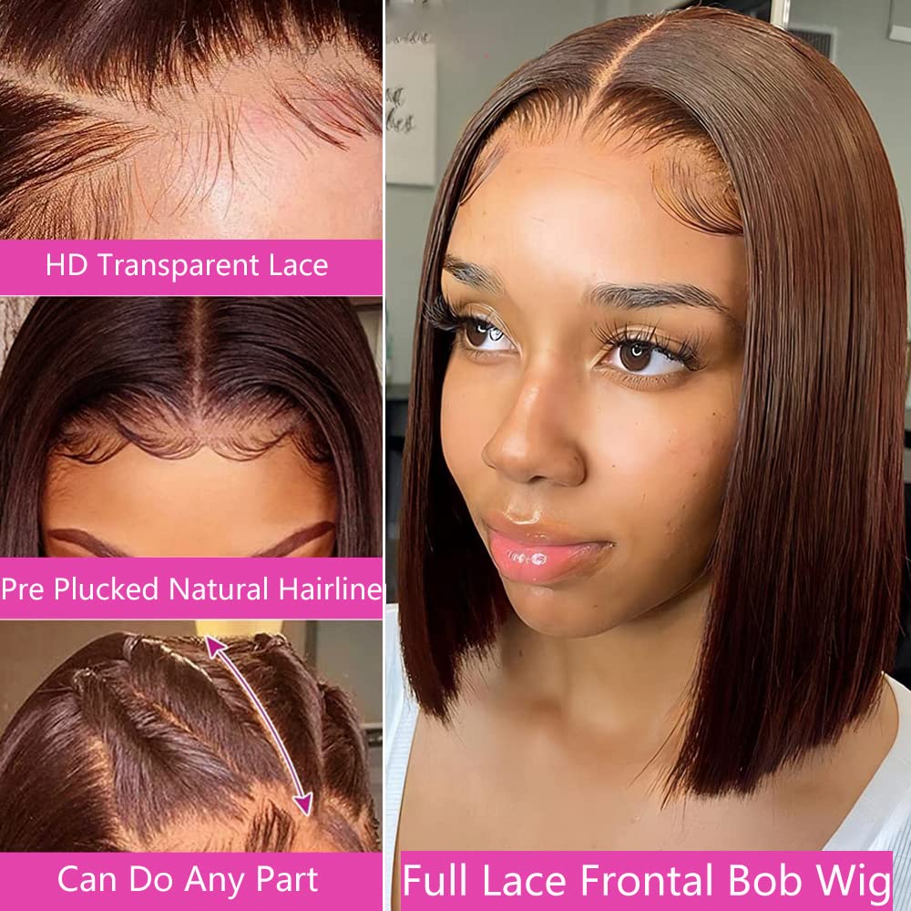 Customized Wig Chocolate Brown 13X4 Straight Bob Wig Human Hair Glueless Lace Frontal Wigs Pre Plucked With Baby Hair 100% Unprocessed HD Transparent Chocolate Brown Bob Lace Front Wigs For Black Women