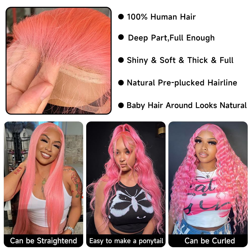 Customized Wig 32 Inch Pink 13x4 HD Lace Front Wig Human Hair Body Wave 13x6 Hd Lace Frontal Wigs for Women Light Pink Colored Wigs Pre Plucked Lace Wig for Black Women