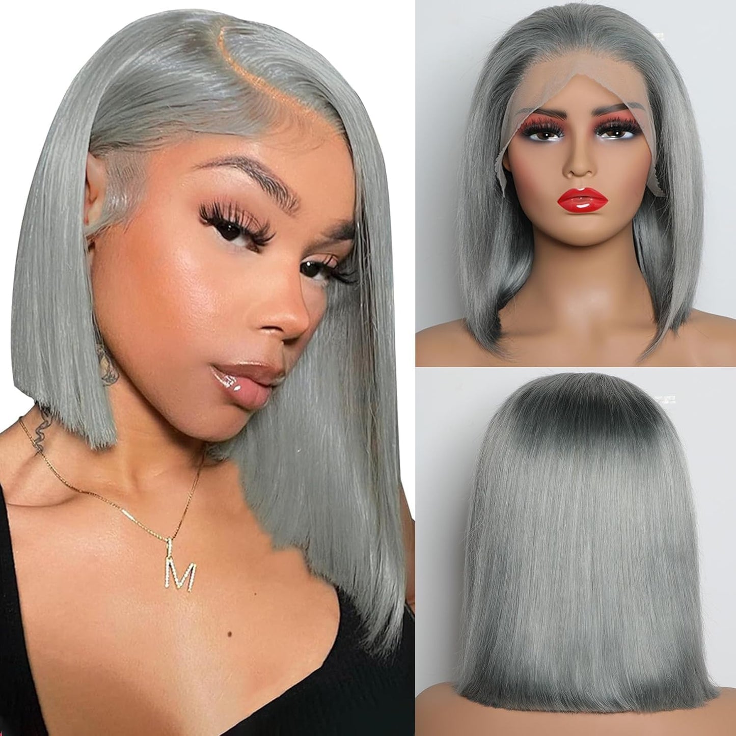 Customized Wig Grey Bob Wig Human Hair Glueless 13x4 Transparent Lace Bob Frontal Human Hair Wigs For Black Women 180% Density Pre Plucked Baby Hair Grey Short Bob Wig