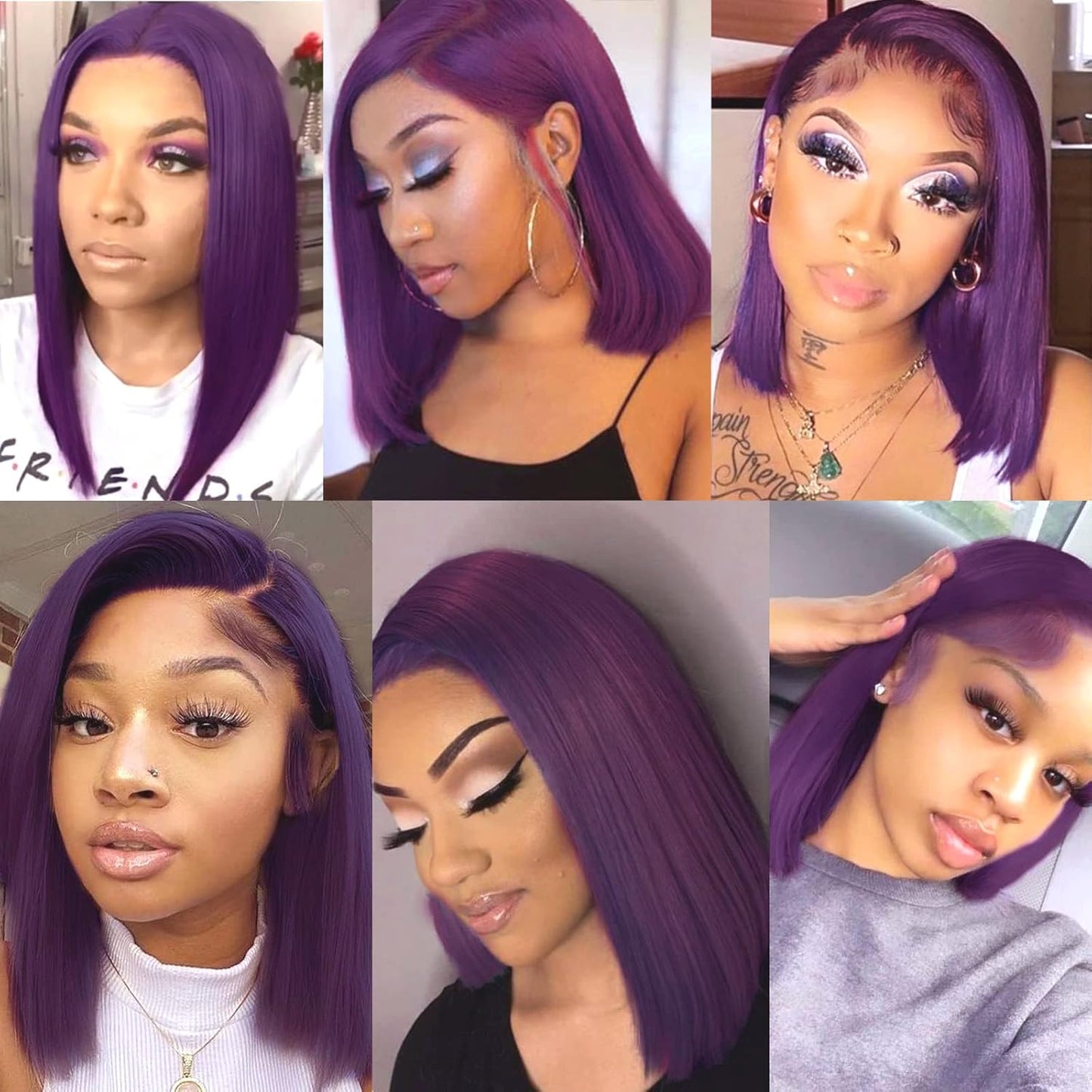 Customized Wig Dark Purple Bob 13x4 Lace Front Wig Human Hair Pre Plucked Natural Hairline HD Transparent Lace Frontal Colored Bob for Women Short Straight Purple Bob Wigs 10 Inch 180% Density