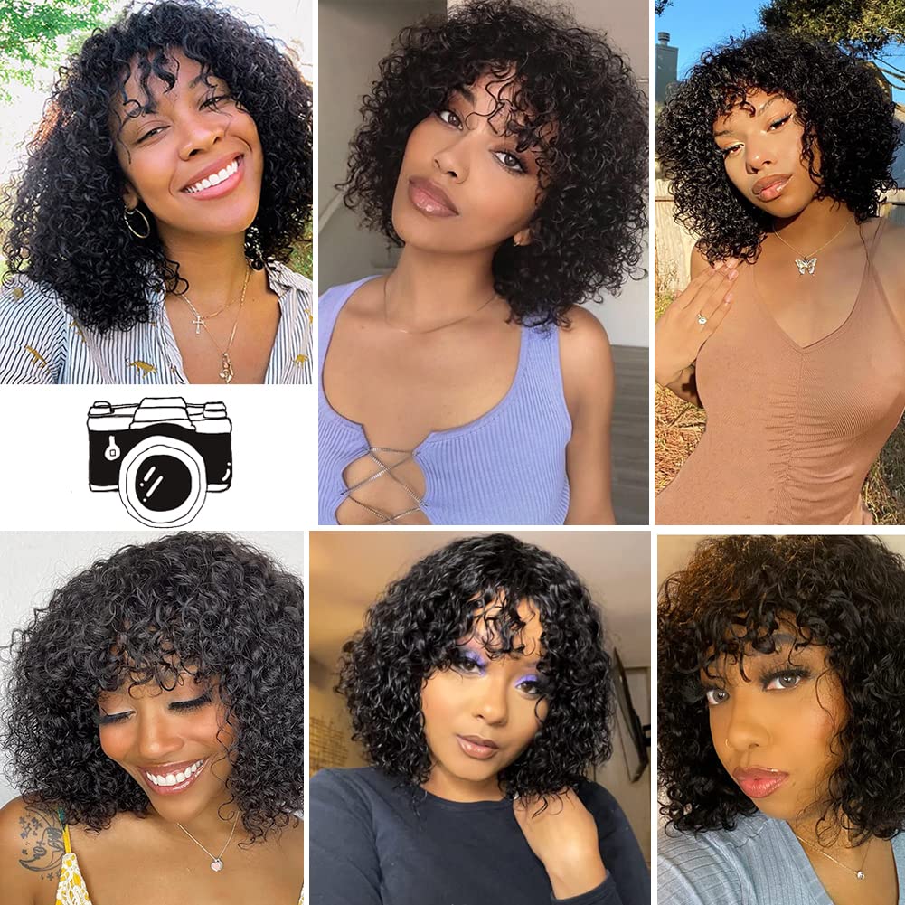 ShowReal Curly Human Hair Wigs With Bangs Curly Bob Wigs 200% Density Virgin Human Hair Full Machine Made Wig For Black Women Brazilian Curly Bob Wigs Natural Color 12 Inch 14 Inch