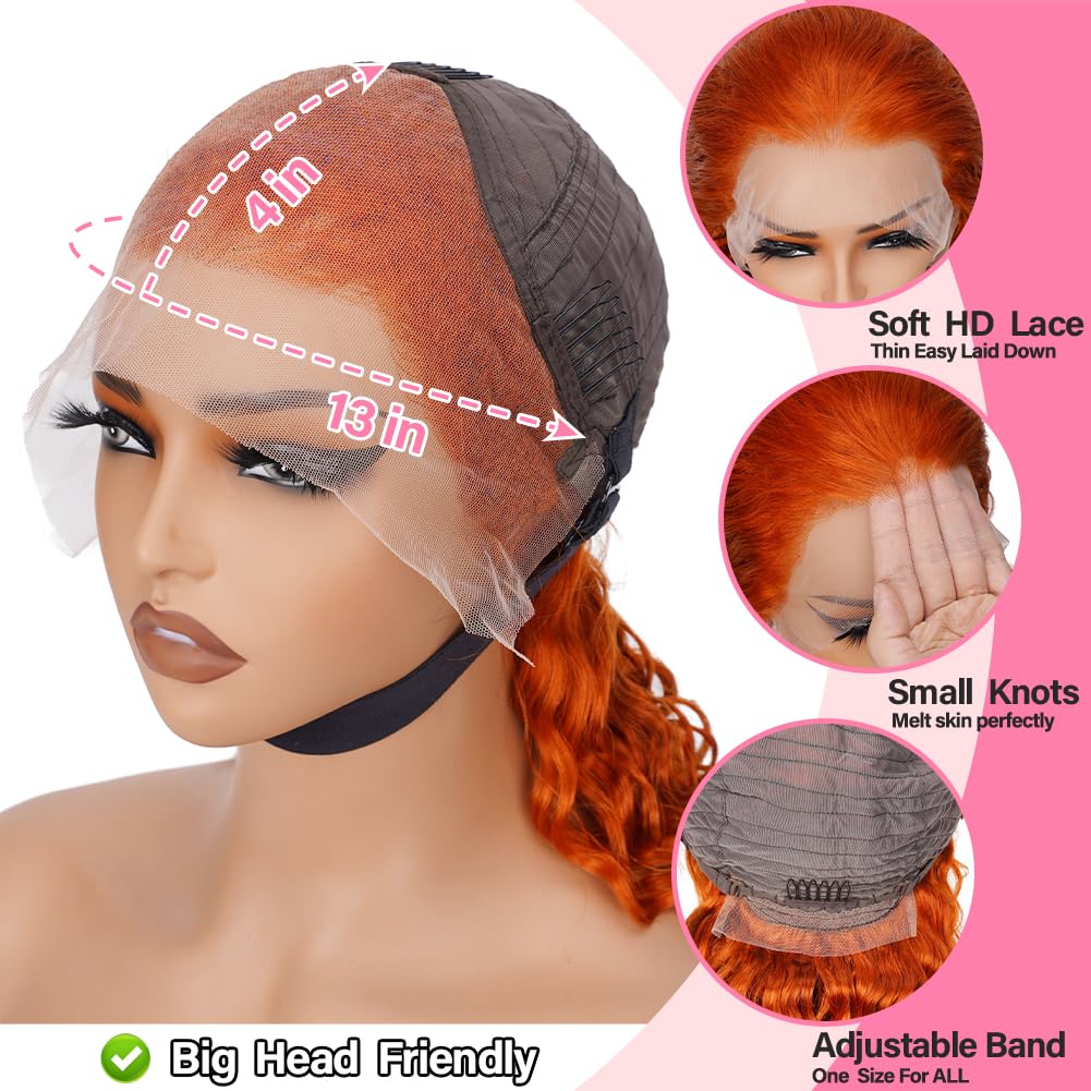 ShowReal Ginger Copper Deep Wave Lace Front Wig 13x4 HD Transparent Lace Frontal Wig Human Hair for Black Women Deep Curly Wigs with Baby Hair Pre Plucked