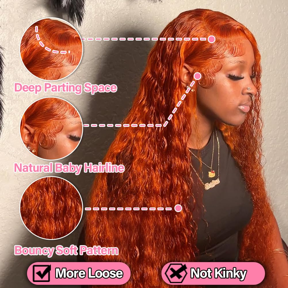 ShowReal Ginger Copper Deep Wave Lace Front Wig 13x4 HD Transparent Lace Frontal Wig Human Hair for Black Women Deep Curly Wigs with Baby Hair Pre Plucked