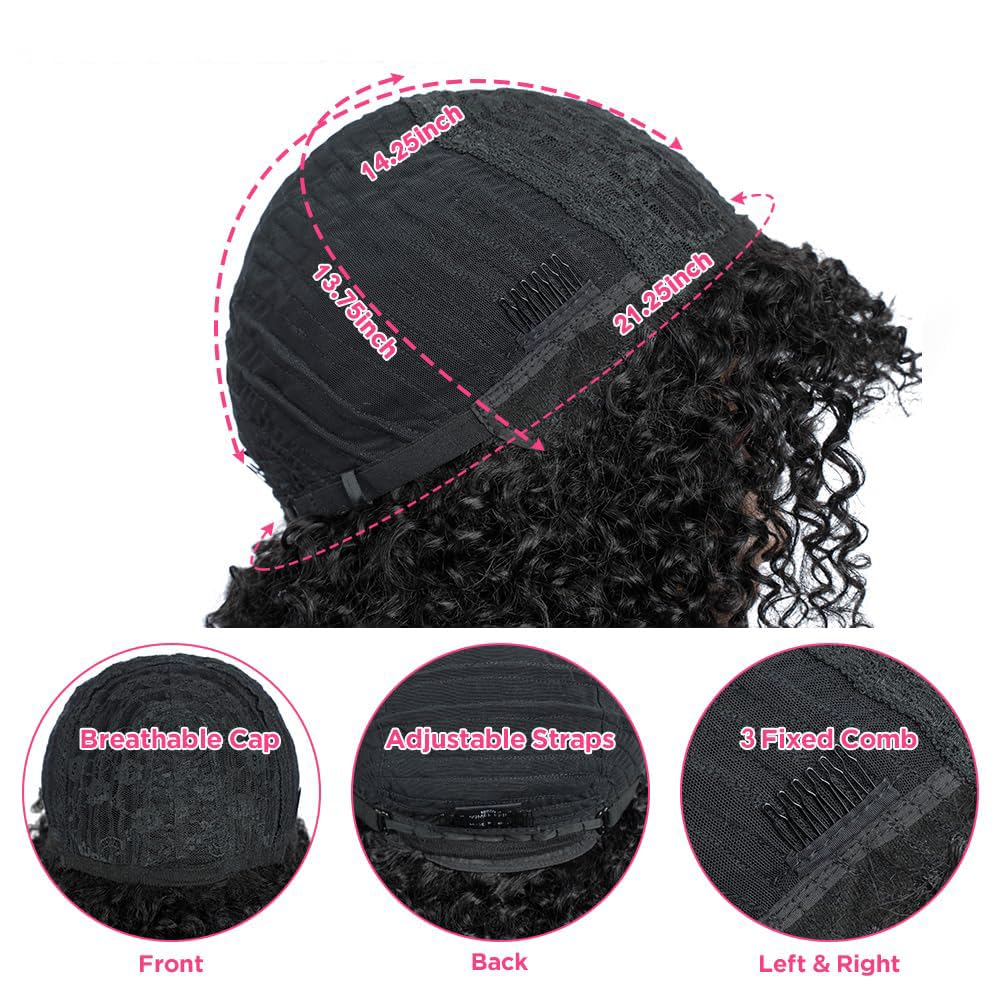 ShowReal Afro Kinky Curly Human Hair Wig with Bangs Full Machine Made Wig Glueless Virgin Brazilian Afro Curly Wigs for Black Women 200% Density Natural Color 12 inch 24 inch