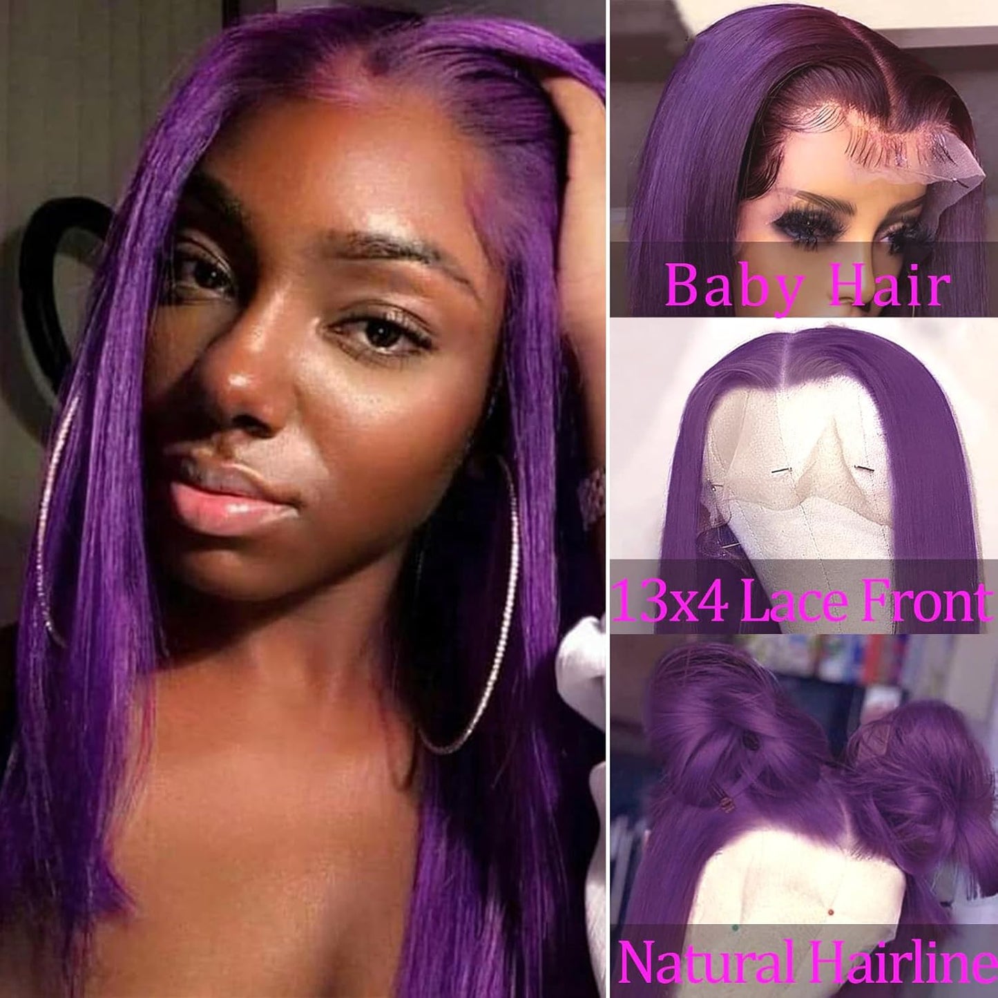 Customized Wig Dark Purple Bob 13x4 Lace Front Wig Human Hair Pre Plucked Natural Hairline HD Transparent Lace Frontal Colored Bob for Women Short Straight Purple Bob Wigs 10 Inch 180% Density